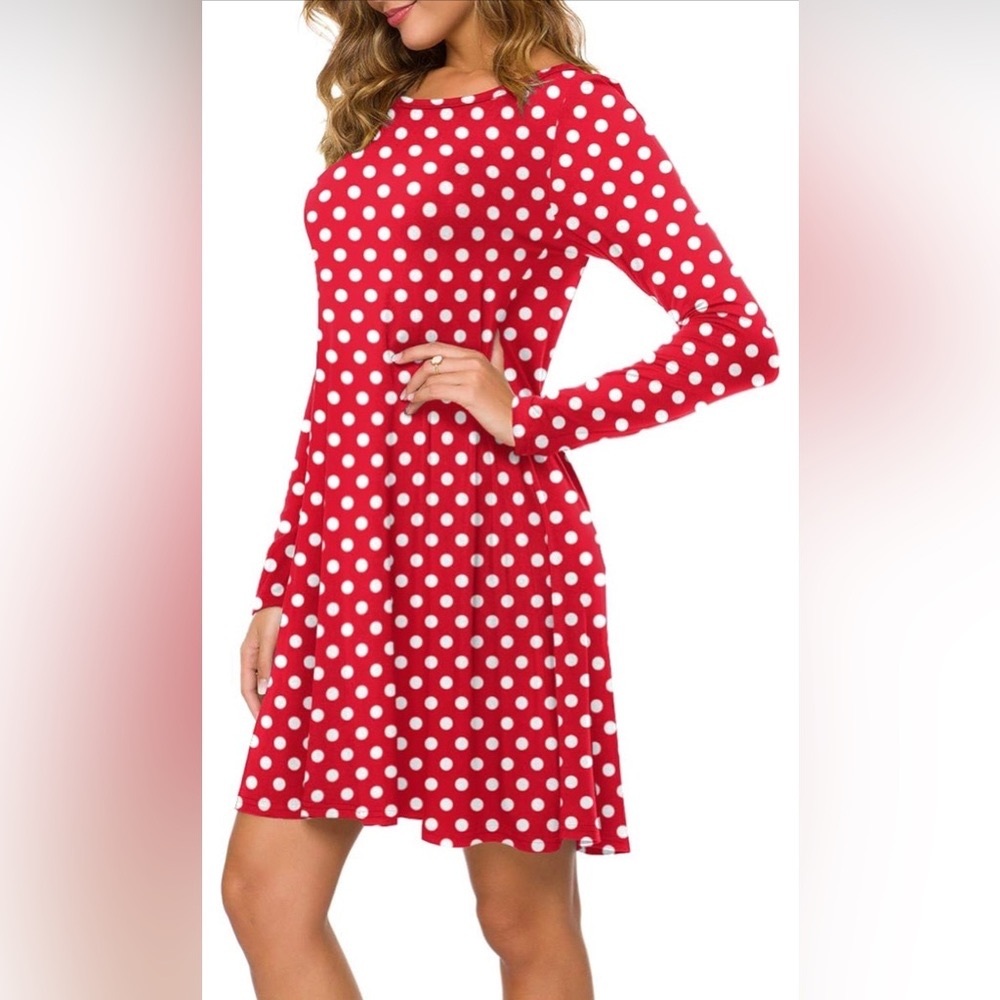 Woman’s red and white polka dot dress long sleeve
